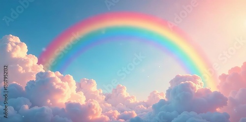 Vibrant rainbow arc, fluffy clouds, pastel sky, clouds, art, illustration