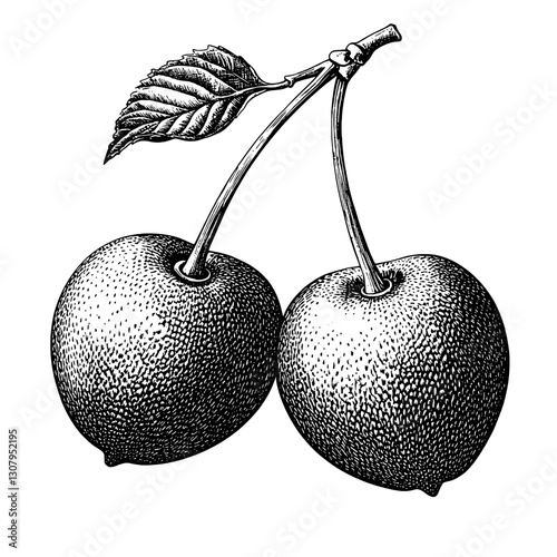 Elegant engraved illustration of two cherries intertwined with a leafy branch highlighting tattoo artistry