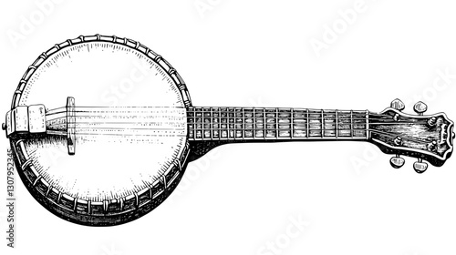 Engraved illustration of a vintage banjo showcasing intricate details and craftsmanship in a timeless art style