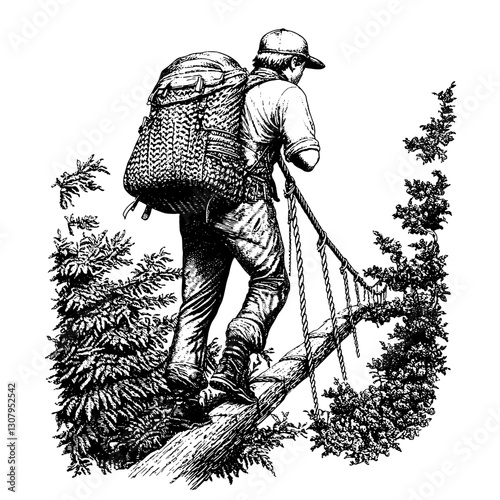 Intricate engraving of a hiker crossing a rustic bridge surrounded by nature’s lush greenery at twilight
