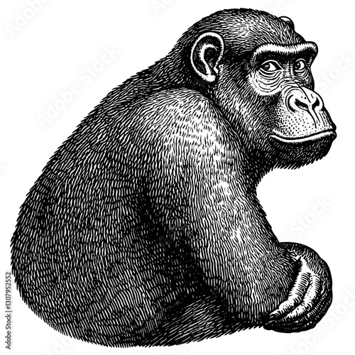 Engraved illustration of a monkey displaying thoughtful expression in a detailed artistic style