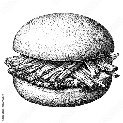 Engraved illustration of a delicious pulled pork sandwich on a soft bun, showcasing a detailed and artistic representation