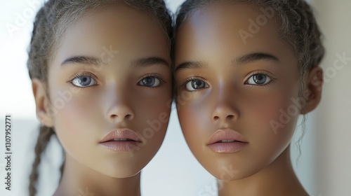 Harmonious visages, Twin girls reflecting innocence and serene beauty photo