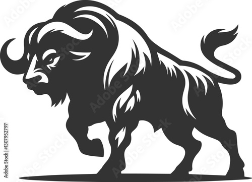 A buffalo with a hunched back, muscles flexed aggressively animal vector silhouette
