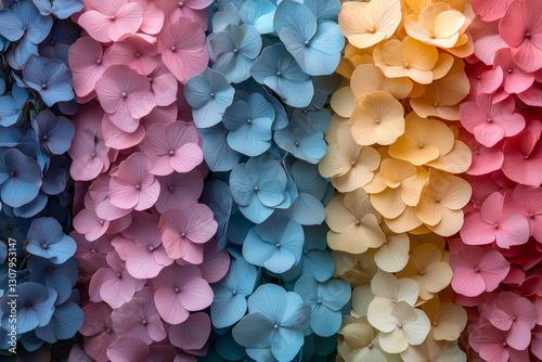 Vibrant clusters of hydrangea flowers in shades of pink, blue, and yellow