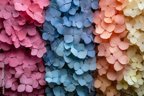 Vibrant clusters of hydrangea flowers in shades of pink, blue, and yellow