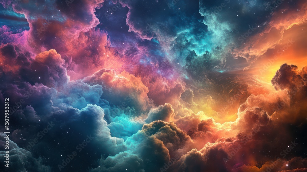 Colorful and bright clouds fill the dramatic celestial sky background