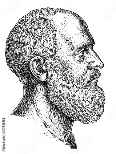 Engraved illustration of an elderly man with a thoughtful expression, ideal for artistic tattoo inspiration and historical references