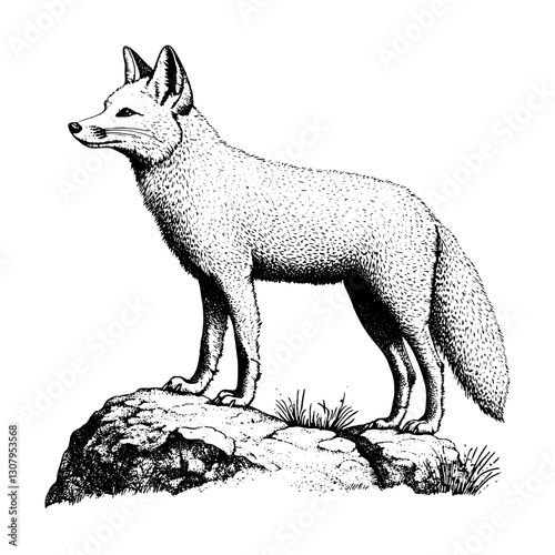 Symbolic fox standing elegantly on a rocky outcrop in a serene natural setting, capturing the essence of wilderness and artistry