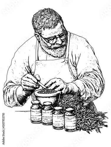 Crafting natural remedies through a time-honored tradition of herbal preparation by a skilled artisan