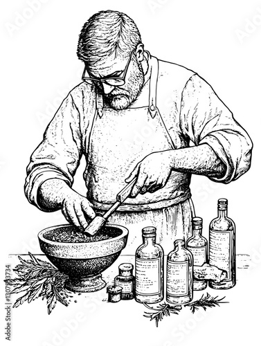 Crafting herbal remedies through skillful blending in an intricate workspace filled with bottles and nature's bounty