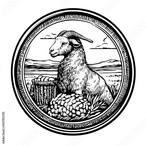 Crafting nature’s bounty through intricate engravings showcasing a goat in a serene landscape