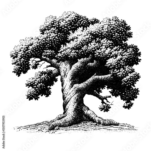 Intricate engraved illustration of an ancient oak tree showcasing nature's timeless beauty in a detailed vector style