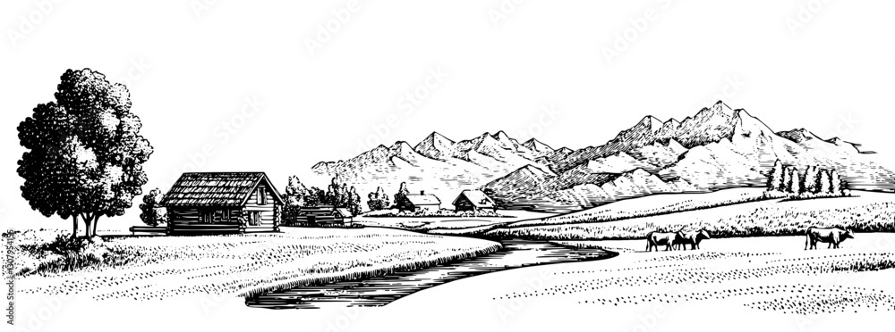 Obraz premium Serene landscape illustration depicting rustic cabin by a flowing stream amid majestic mountains and grazing cattle