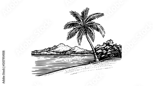 Tropical paradise scene with palm tree and serene mountains by the ocean in a detailed engraved illustration suitable for tattoo art