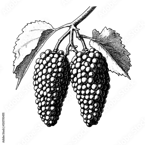Engraved illustration of lush grape clusters adorned with leaves, showcasing the beauty of nature's bounty in a timeless style