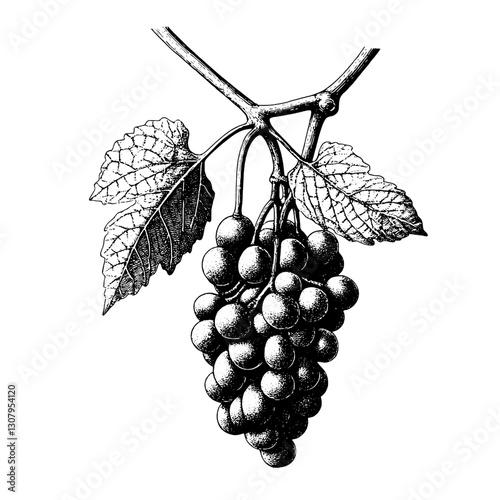Intricate engraved illustration of a bunch of grapes with leaves in a classic tattoo style highlighting nature’s bounty