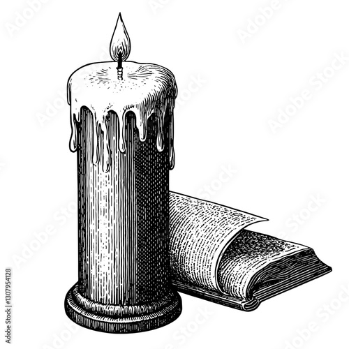 Elegant engravings of a dripping candle by an open book create a serene atmosphere for reflection and creativity