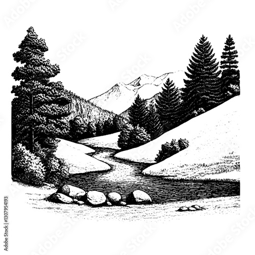 Serene river flows through a tranquil landscape filled with majestic mountains and lush trees