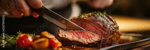 Cooked Roast Beef Being Sliced