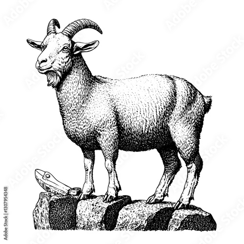 Engraved illustration of a standing goat on a rocky surface, showcasing intricate details suitable for tattoo design