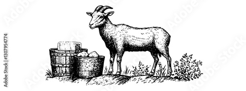 Engraved illustration of a goat beside barrels and cheese during a rustic village gathering in a serene countryside setting