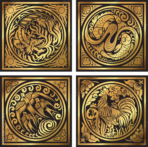 A set of vintage retro golden animal decorative design element tiles. 