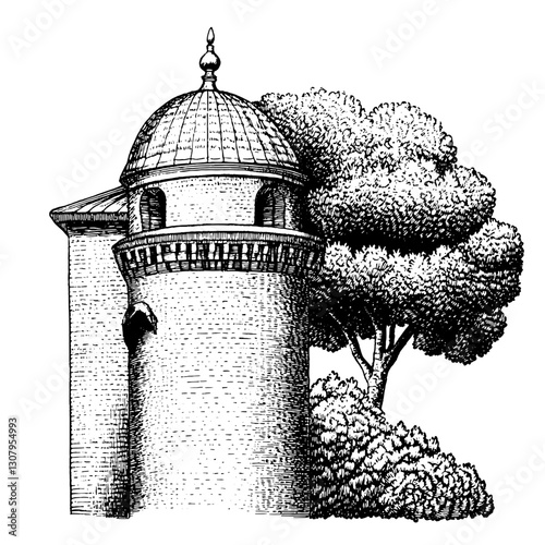 Engraved illustration of a vintage tower surrounded by lush trees, capturing a moment of serene solitude in nature
