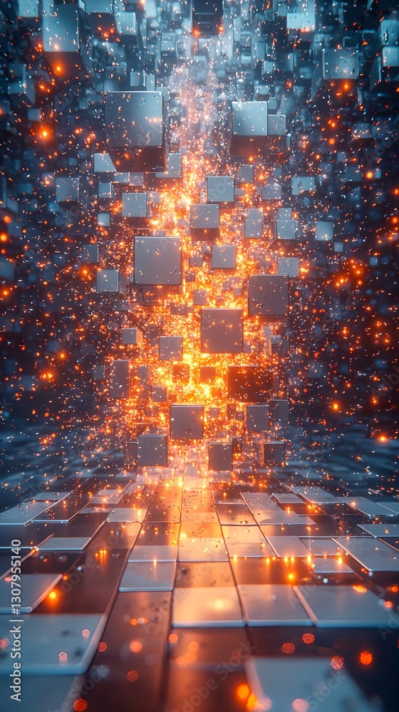 Obraz premium Abstract digital space with floating cubes on a white gradient background featuring a central cluster emitting orange light with blue and red shadows