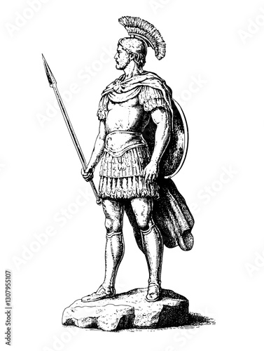 Intricate engraved illustration of a Roman soldier standing proudly with spear and shield