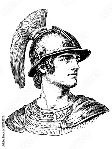 Intricate engraving of a Roman warrior adorned with a plume, showcasing regal armor and timeless valor captured in vector art