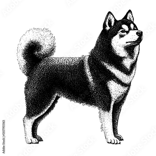Engraved illustration of a majestic siberian husky standing proud in a timeless artistic style
