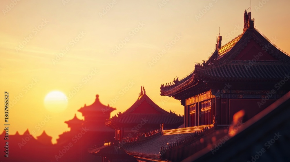 Naklejka premium A dramatic golden sunset over a traditional Chinese temple with intricate roof details and warm hues
