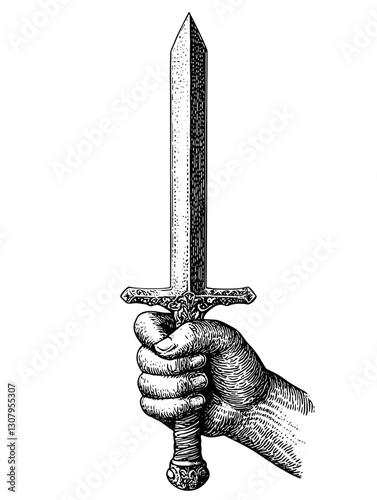 Artistic engraved illustration of a hand gripping a sword, symbolizing strength and courage in battles