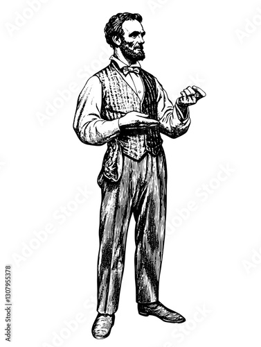 Engraved illustration of a well-dressed gentleman showing a small object in a vintage style