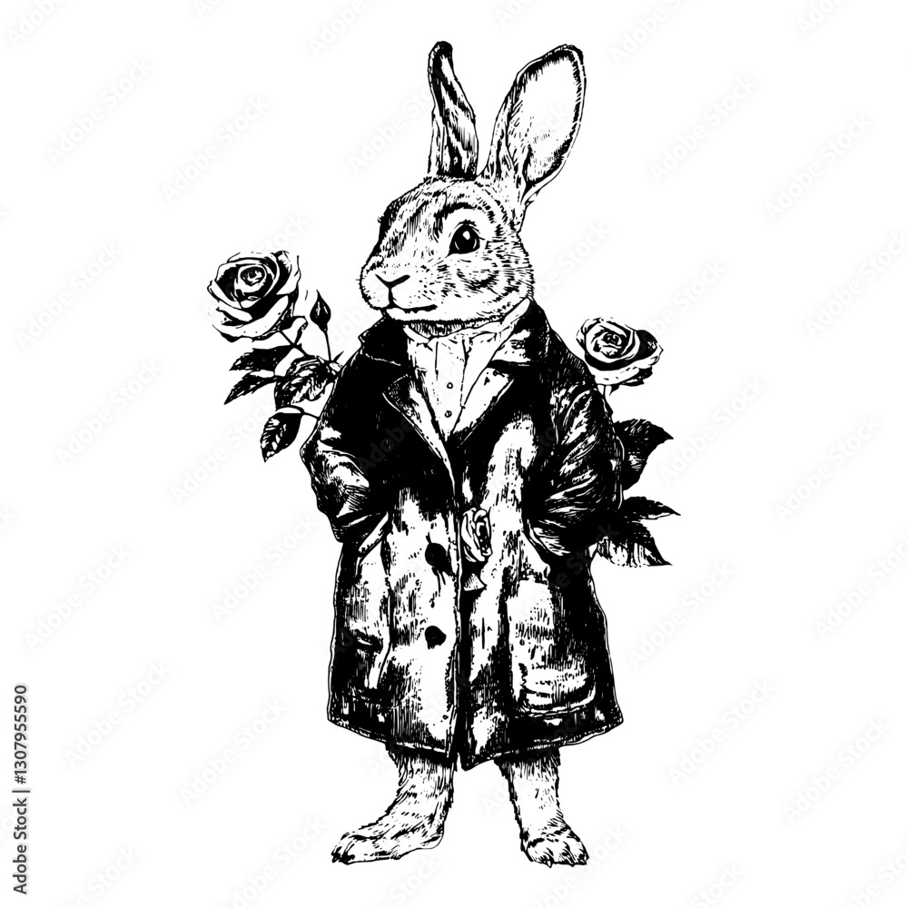 Fototapeta premium Eccentric rabbit in a stylish coat holding roses, showcasing charm and whimsy in a finely detailed engraved style