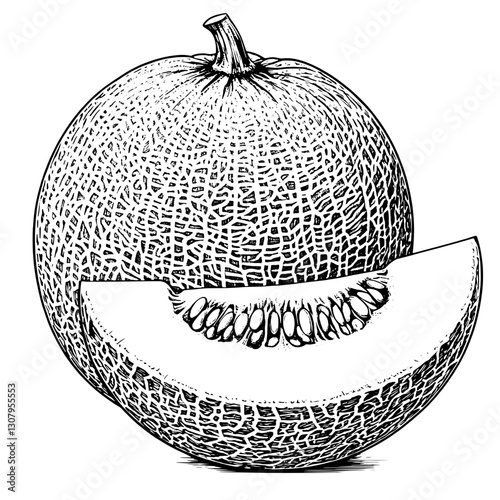 Engraved illustration of a melon with a cut slice revealing the texture and seeds artfully crafted for tattoo enthusiasts