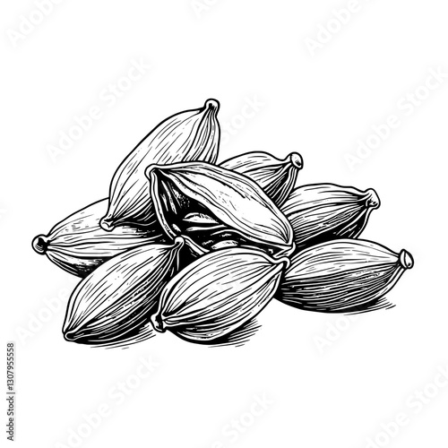 Elegant engraved illustration of aromatic cardamom pods stacked artistically, showcasing their unique shape and texture in a timeless design