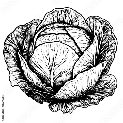 Engraved vector illustration of a detailed cabbage, perfect for tattoo designs and botanical art enthusiasts