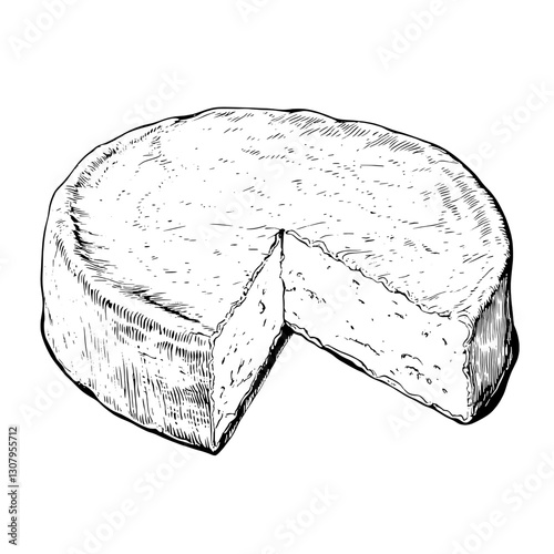 Engraved vector illustration of a cheese wheel with a slice removed showcasing texture and detail