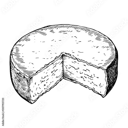 Impressive engraved illustration of a cheese wheel with a slice removed, showcasing its inner texture and artisanal craftsmanship