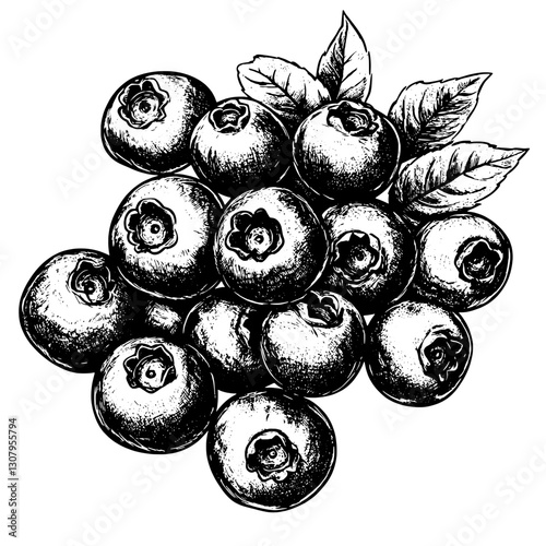 Engraved illustration of fresh blueberries with leafy accents in a classic tattoo style design