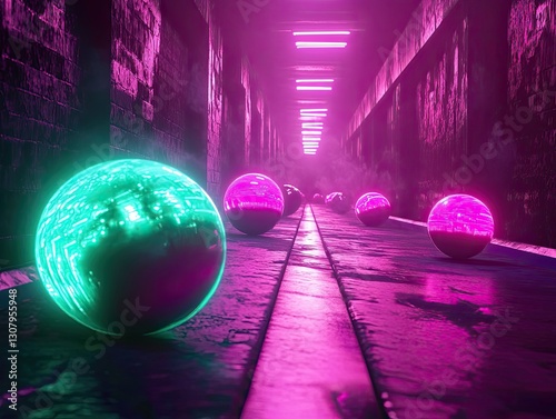 Neon Orbs in a Futuristic Tunnel, Cyberpunk Aesthetic Visualscape photo