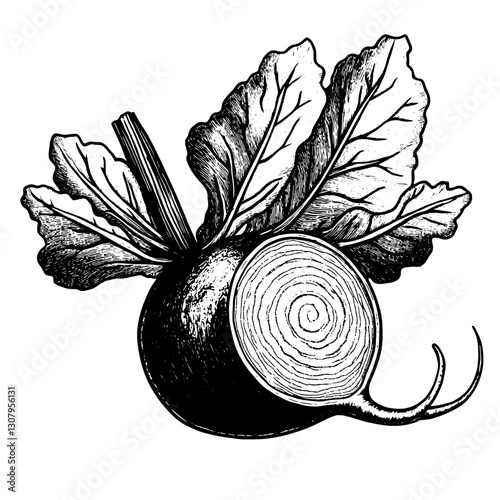 Intricate engraved illustration of a beetroot with detailed leaves showcasing natural beauty in black and white