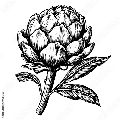 Intricate engraved illustration of a blooming artichoke plant in intricate detail capturing nature's elegance