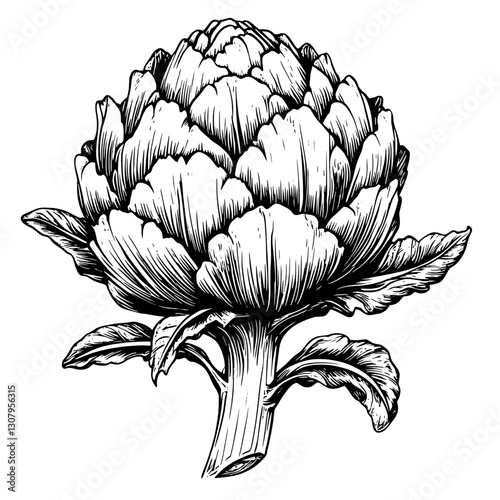 Engraved vector illustration of an artichoke with intricate detailing and natural elements, perfect for tattoo inspiration