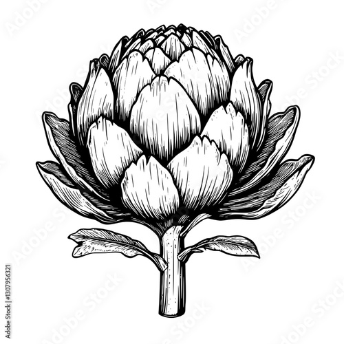 Artistic engraved illustration of a detailed artichoke design, perfect for tattoos and decorative art