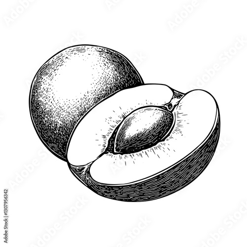 Engraved vector illustration of a halved fruit revealing its core and smooth skin in intricate detail