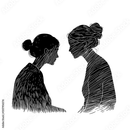 Engraved illustration of two women in intimate conversation, showcasing connection and understanding in a minimalist style