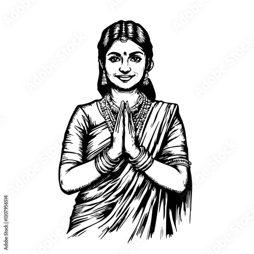 Elegant woman in traditional attire greeting with folded hands in a warm cultural expression